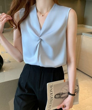 Twisted V-Neck Satin Top