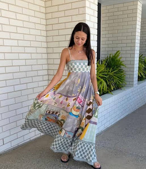 Poly Cotton Blend Backless Printed Swing Strap Dress