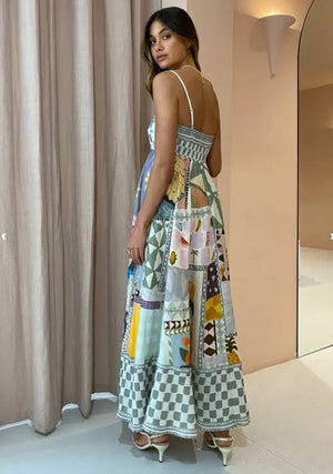 Poly Cotton Blend Backless Printed Swing Strap Dress