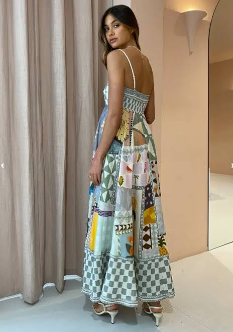 Poly Cotton Blend Backless Printed Swing Strap Dress