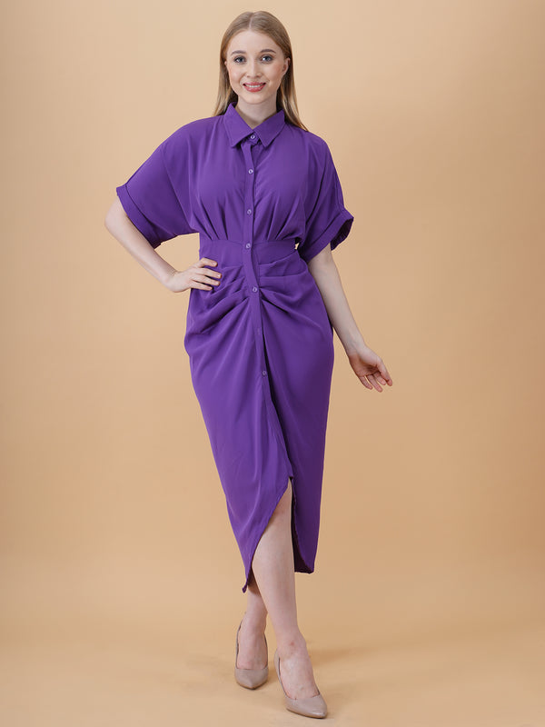 Gathered High Low Shirt Dress