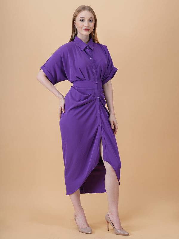 Gathered High Low Shirt Dress