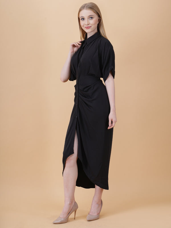 Gathered High Low Shirt Dress