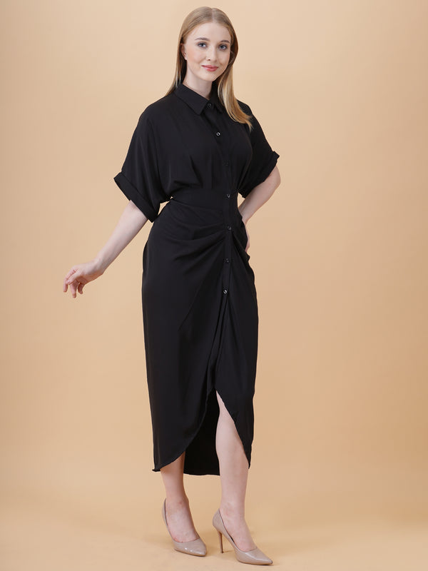 Gathered High Low Shirt Dress