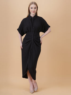 Gathered High Low Shirt Dress