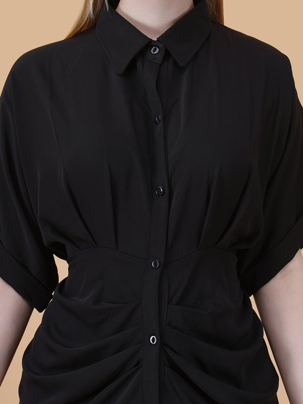 Gathered High Low Shirt Dress