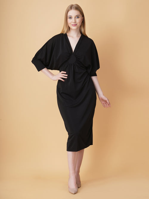 Gathered V Neck Midi Dress