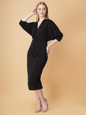 Gathered V Neck Midi Dress