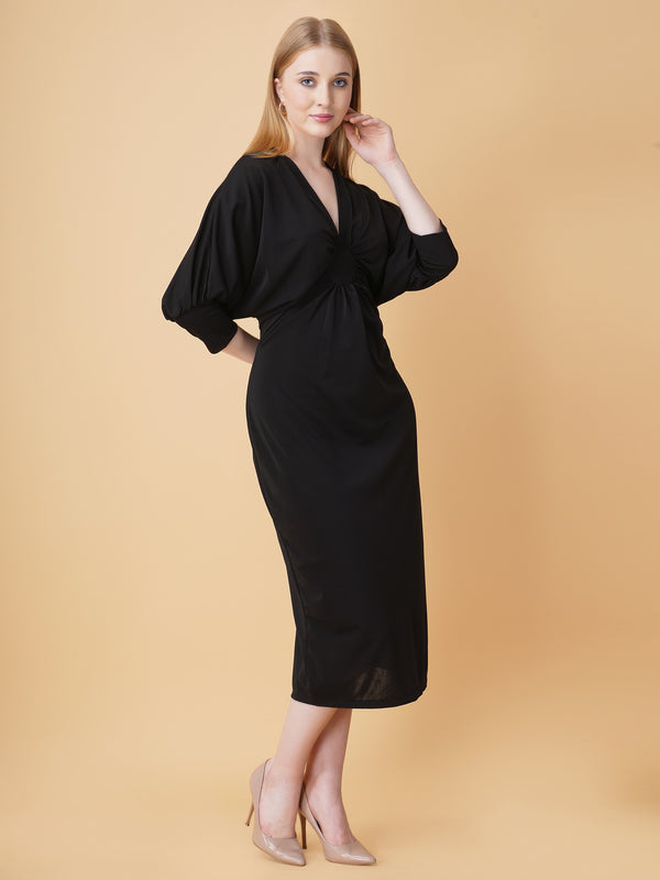 Gathered V Neck Midi Dress