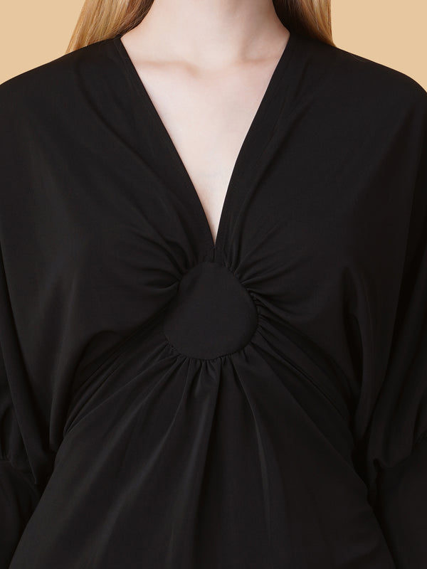 Gathered V Neck Midi Dress