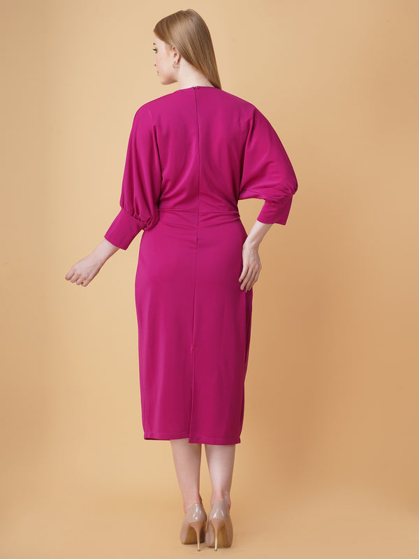 Gathered V Neck Midi Dress