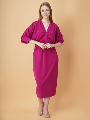 Gathered V Neck Midi Dress