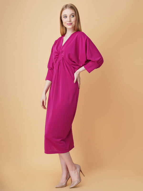 Gathered V Neck Midi Dress