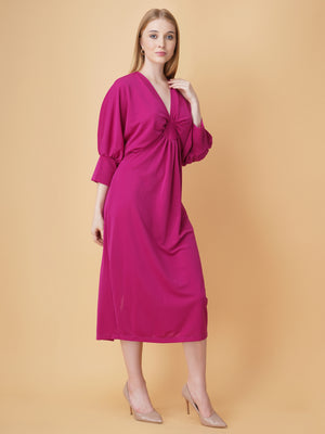 Gathered V Neck Midi Dress