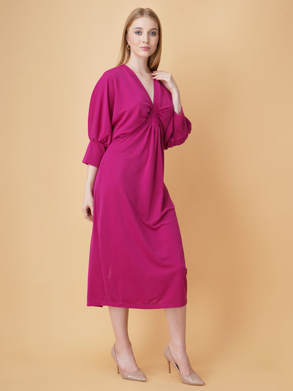 Gathered V Neck Midi Dress