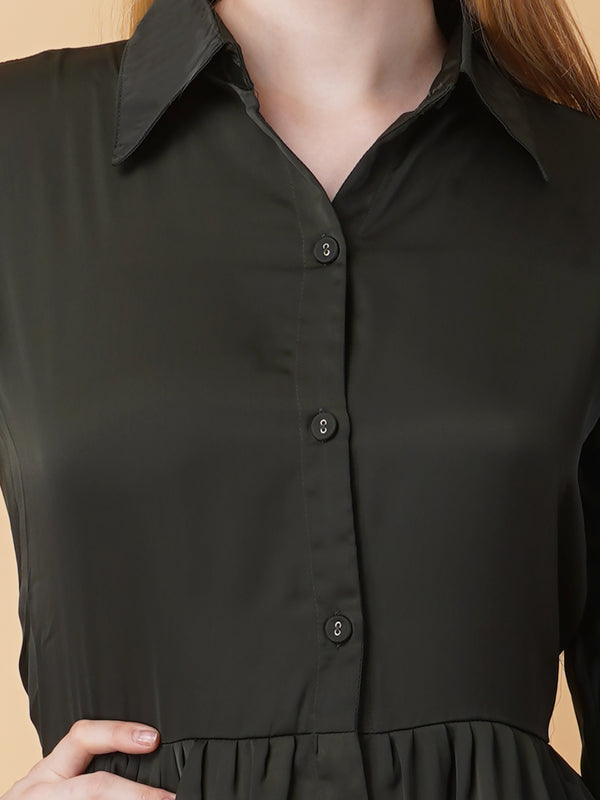 Gathered Satin Shirt Dress