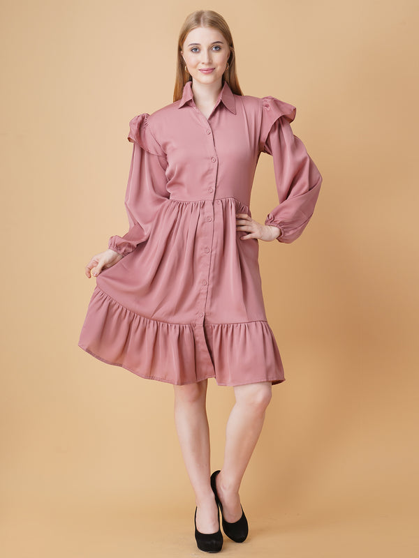 Gathered Satin Shirt Dress