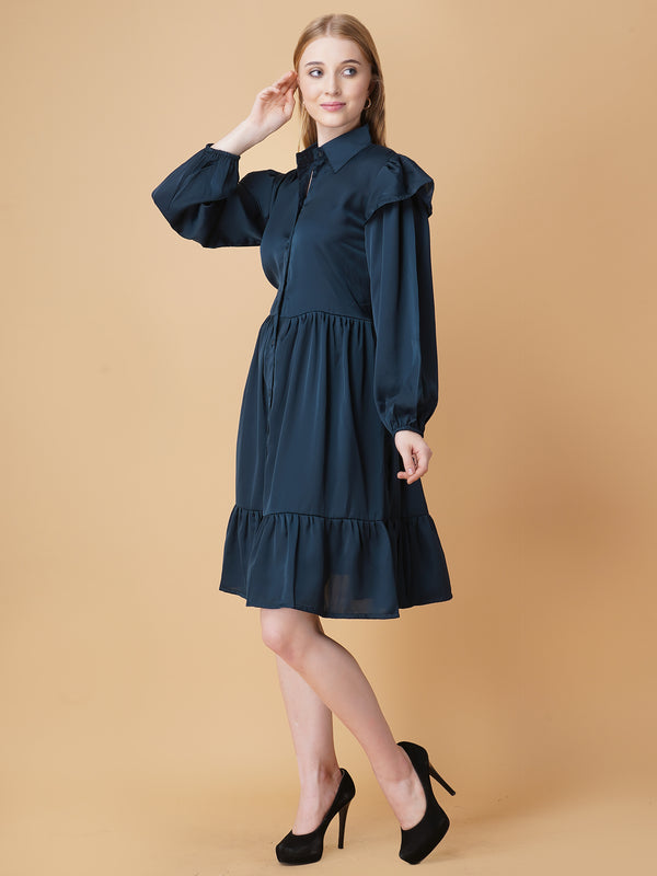 Gathered Satin Shirt Dress