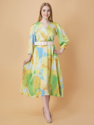 Printed Overlap Midi Dress With Belt