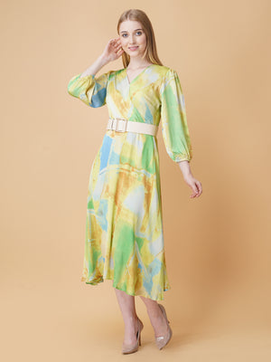 Printed Overlap Midi Dress With Belt