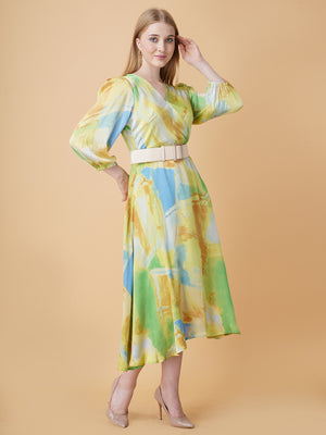 Printed Overlap Midi Dress With Belt