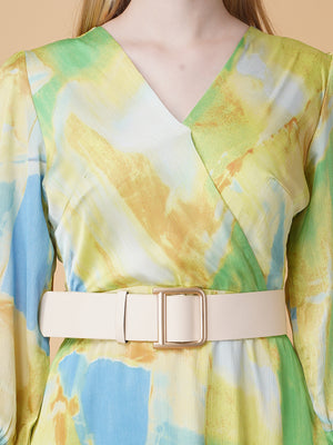 Printed Overlap Midi Dress With Belt