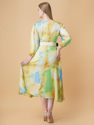 Printed Overlap Midi Dress With Belt