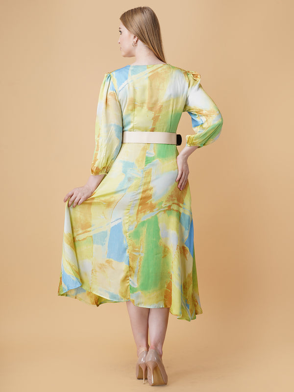 Printed Overlap Midi Dress With Belt