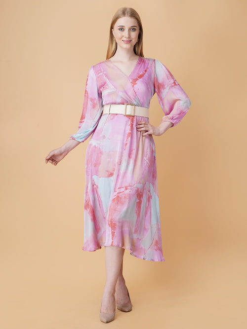 Printed Overlap Midi Dress With Belt