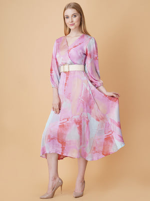 Printed Overlap Midi Dress With Belt