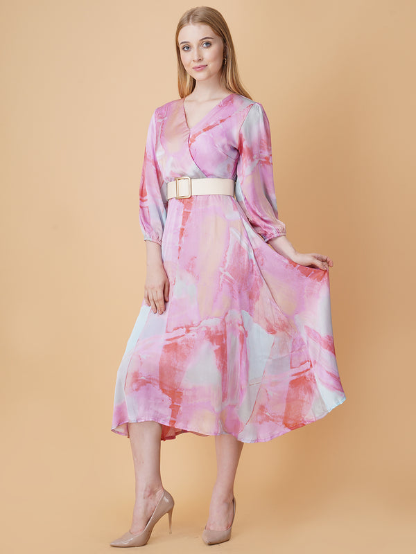 Printed Overlap Midi Dress With Belt