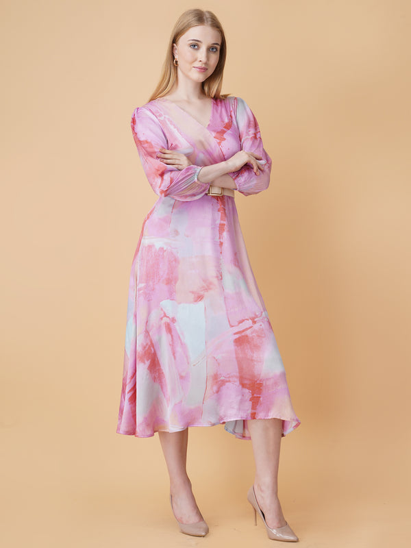 Printed Overlap Midi Dress With Belt