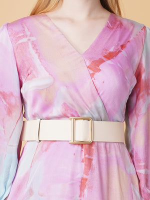 Printed Overlap Midi Dress With Belt