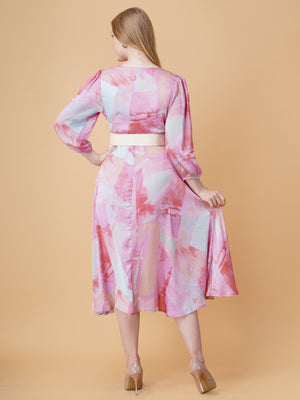 Printed Overlap Midi Dress With Belt