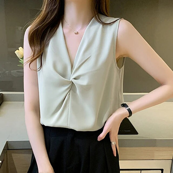 Twisted V-Neck Satin Top